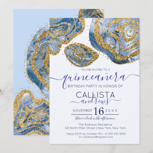 Luxe Blauw Goud Marmeren Agaat Glitter Quinceañera Kaart (Voorkant / Achterkant)