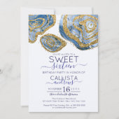 Luxe Blauw Goud Marmeren Agaat Glitter Sweet 16 Kaart (Voorkant)