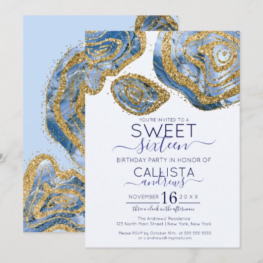 Luxe Blauw Goud Marmeren Agaat Glitter Sweet 16 Kaart (Voorkant / Achterkant)