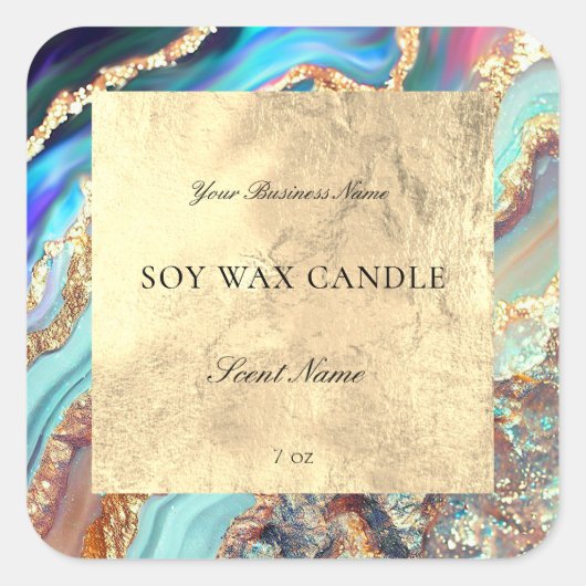 Luxe Blauw Goud Marmeren Geode Patroon Kaars Vierkante Sticker (Voorkant)