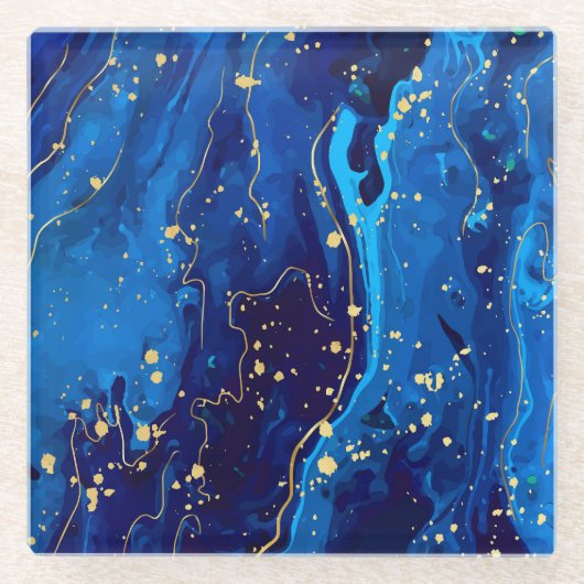 Luxe Blauw Goud Marmeren Textuur Glazen Onderzetter (Voorkant)