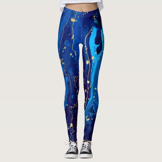 Luxe Blauw Goud Marmeren Textuur Leggings (Voorkant)