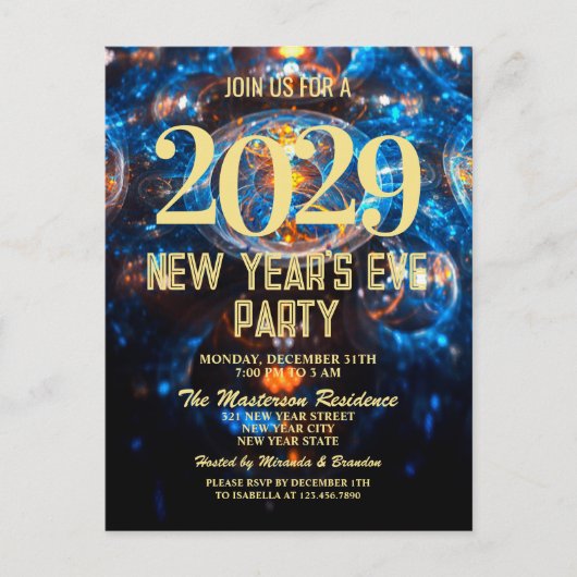 Luxe Blauw Goud Nieuwjaar Eve Party Uitnodiging (Voorkant)