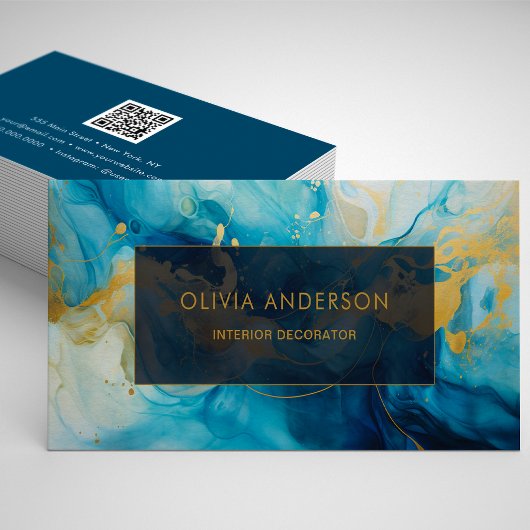 Luxe Blauw Goud QR Code Mode Trendy Modern Visitekaartje