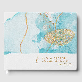 Luxe Blauw Goud Waterverf Abstract Bruiloft Gastenboek