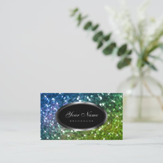 Luxe Blauw Groen Glitter Shimmery Sterren Eleganti Visitekaartje (Staand voorkant)