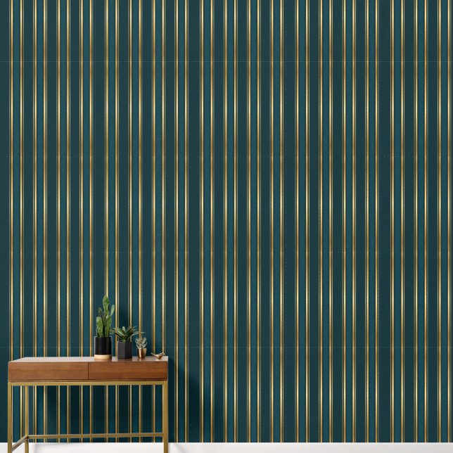 Luxe Blauw Groen Goud Streep Behang Patroon (Hal)
