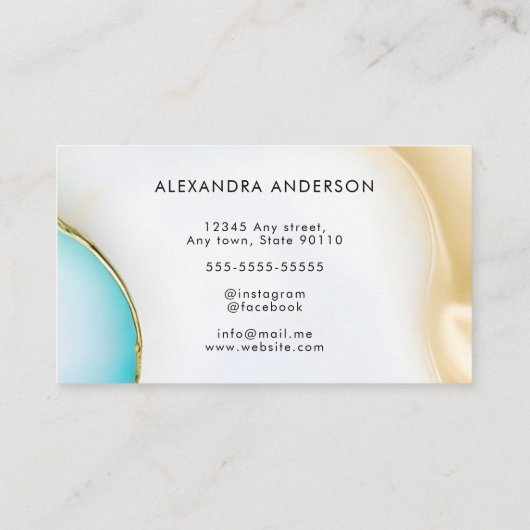 Luxe blauw wit goud agaat marmeren script visitekaartje (Achterkant)