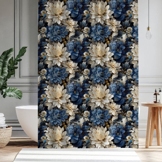 Luxe Blauw Witte Ivoor Bloemstuk Douchegordijn