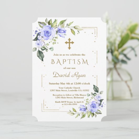 Luxe Blauwe Bloemen Goud Glitter Jongens Doop Kaart (Staand voorkant)