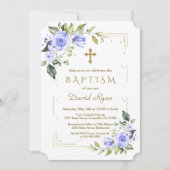 Luxe Blauwe Bloemen Goud Glitter Jongens Doop Kaart (Voorkant)