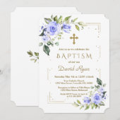 Luxe Blauwe Bloemen Goud Glitter Jongens Doop Kaart (Voorkant / Achterkant)