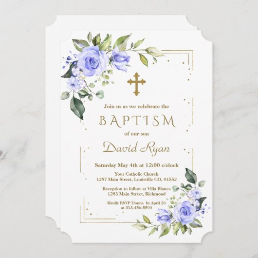 Luxe Blauwe Bloemen Goud Glitter Jongens Doop Kaart (Voorkant / Achterkant)