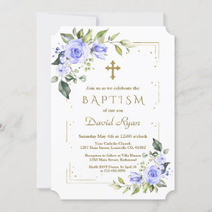 Luxe Blauwe Bloemen Goud Glitter Jongens Doop Kaart