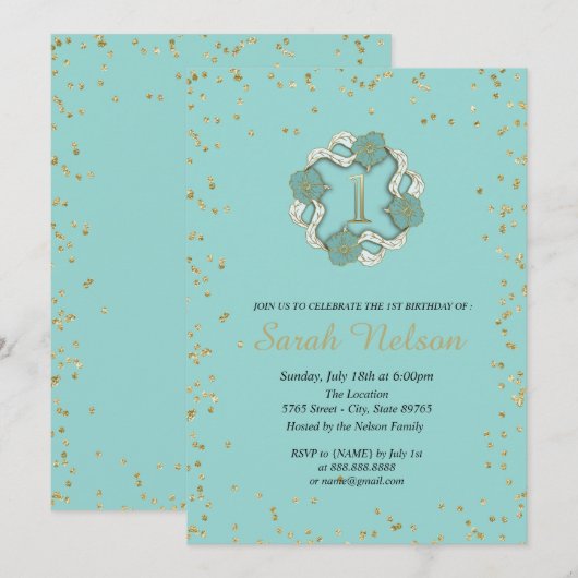 Luxe Blauwe Bloemen Gouden Glitter Party Kaart (Voorkant / Achterkant)