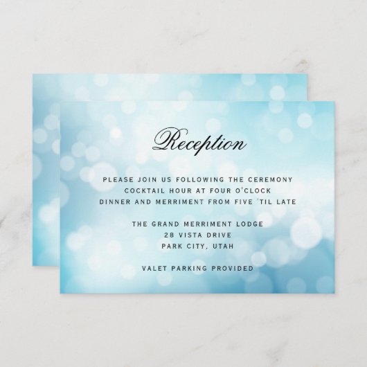 Luxe Blauwe Bokeh Glitter Lichte BRUILOFT RECEPTIE Informatiekaartje (Voorkant / Achterkant)