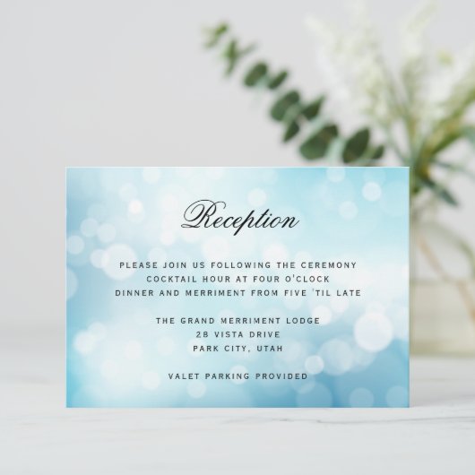 Luxe Blauwe Bokeh Glitter Lichte BRUILOFT RECEPTIE Informatiekaartje (Staand voorkant)