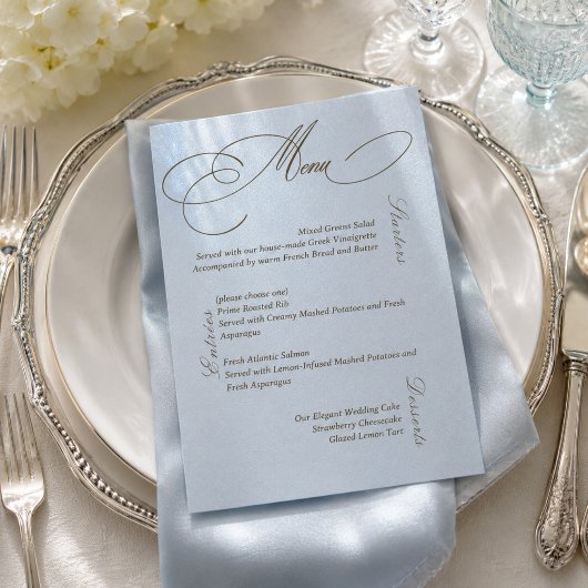 Luxe blauwe bruine trouwmenu kaart