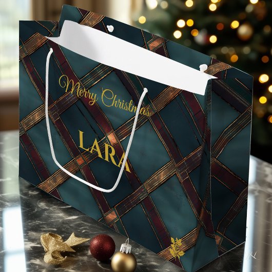 Luxe blauwe en bronzen kerst aangepast groot cadeauzakje