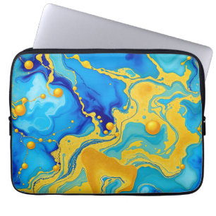 Luxe blauwe en gouden alcohol inkt abstracte kunst laptop sleeve