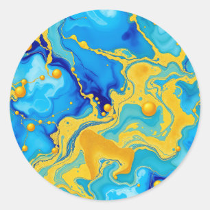 Luxe blauwe en gouden alcohol inkt abstracte kunst ronde sticker