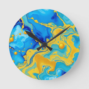 Luxe Blauwe en Gouden Alcohol Inkt Abstracte Ronde Klok