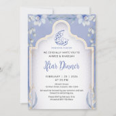 Luxe Blauwe en Gouden Bloem Iftar-diner Kaart (Voorkant)