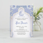 Luxe Blauwe en Gouden Bloem Iftar-diner Kaart (Staand voorkant)