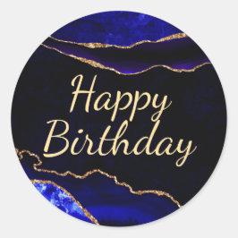 Luxe blauwe en gouden glinsterende agaat verjaarda ronde sticker