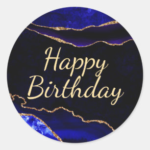Luxe blauwe en gouden glinsterende agaat verjaarda ronde sticker