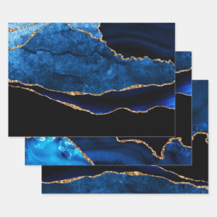 Luxe Blauwe en Gouden Glitter Agate Verjaardag Inpakpapier Vel