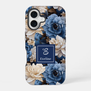 Luxe Blauwe en Ivoren Bloemen Elegante Phonehoes iPhone 16 Hoesje