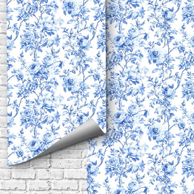 Luxe blauwe Franse toile rozen bloemenbehang  Behang (Luxury Blue French Toile Roses Floral Wallpaper Design)