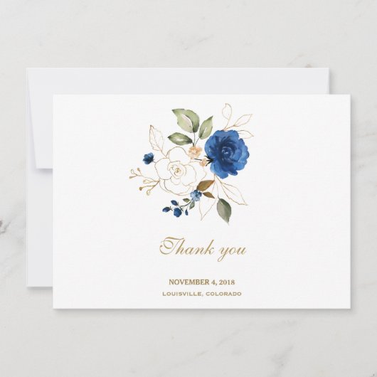 Luxe Blauwe Gouden Bloem Bruiloft Bedankt (Voorkant)
