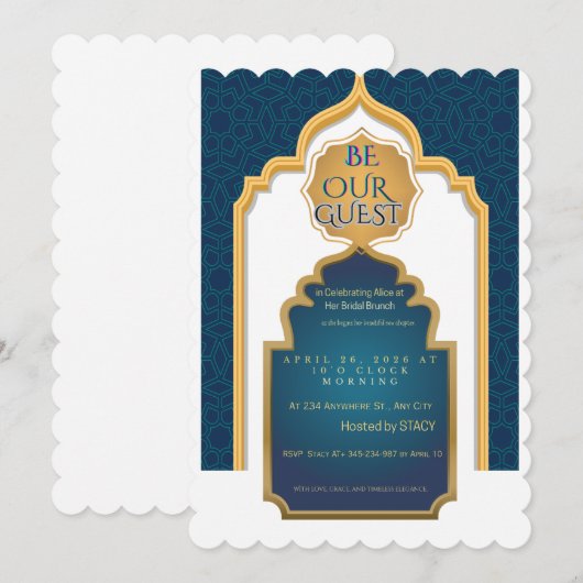 Luxe blauwe & gouden boog bruidsdouche uitnodiging (Voorkant / Achterkant)