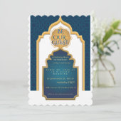 Luxe blauwe & gouden boog bruidsdouche uitnodiging (Staand voorkant)