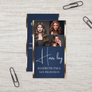 Luxe BLAUWE Gouden Glitter Haarstylist 3 foto Visitekaartje