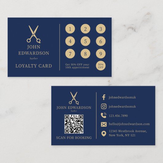 Luxe Blauwe Gouden Kapper Scharen Logo QR Code Klantenkaartje (Voorkant / Achterkant)