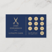 Luxe Blauwe Gouden Kapper Scharen Logo QR Code Klantenkaartje (Voorkant)