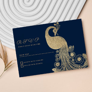 Luxe blauwe gouden koninklijke pauw elegante RSVP Kaart