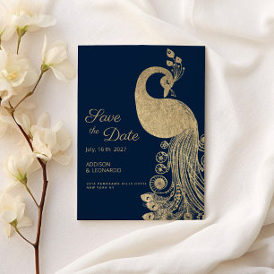 Luxe blauwe gouden koninklijke pauw Save the Date Kaart