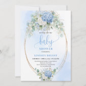Luxe blauwe hortensia baby shower gouden uitnodigi kaart (Voorkant)