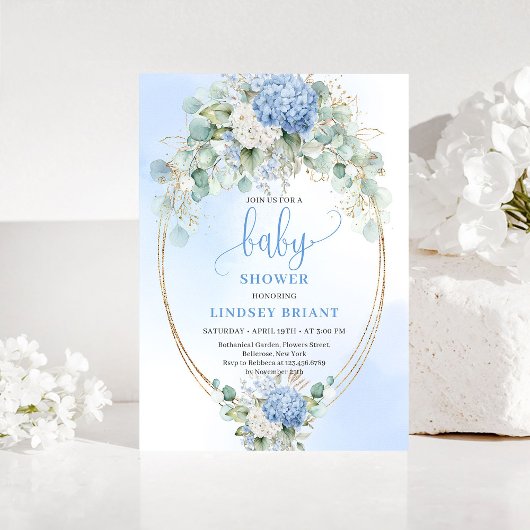 Luxe blauwe hortensia baby shower gouden uitnodigi kaart
