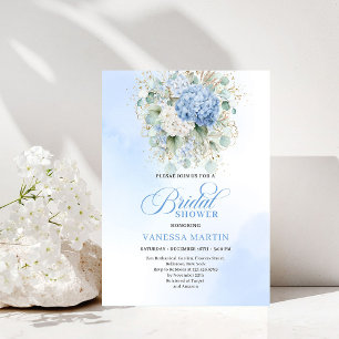 Luxe blauwe hortensia bruiloftsdouche gouden uitno kaart