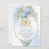 Luxe blauwe hortensia's gouden 90e verjaardagsuitn kaart (Voorkant)