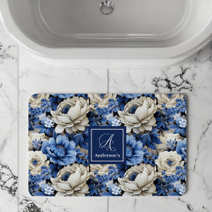 Luxe Blauwe Ivoren Bloemen Persoonlijke Badmat