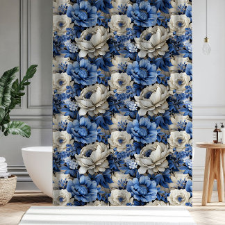 Luxe Blauwe Ivoren Bloemrijke Elegante Bad Douche Douchegordijn