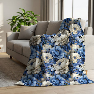 Luxe Blauwe Ivoren Bloemrijke Elegante Sherpa Deke Deken
