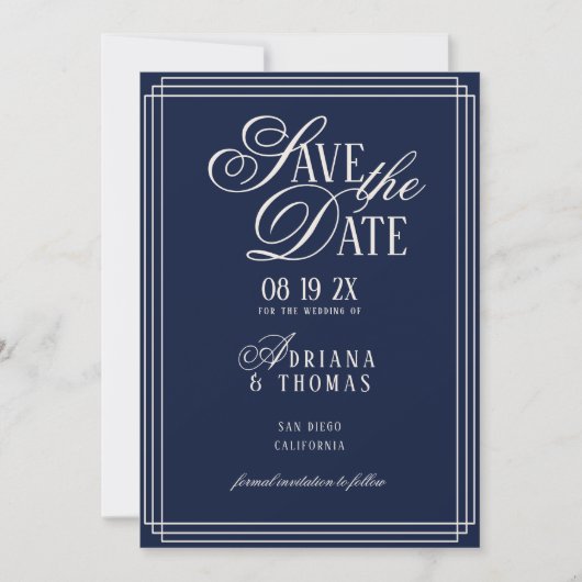 Luxe Blauwe Kalligrafie Bruiloft Save The Date (Voorkant)