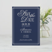 Luxe Blauwe Kalligrafie Bruiloft Save The Date (Staand voorkant)